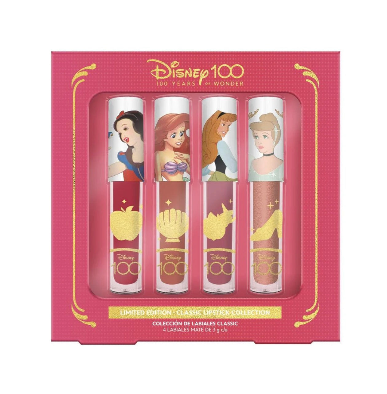 💄👑 "Set Encantado de 4 Labiales Líquidos Mate - Inspirado en las Princesas Disney: Blanca Nieves, Ariel, Aurora y Cenicienta - Colección Edición Limitada Celebrando los 100 Años de Disney" 💖✨