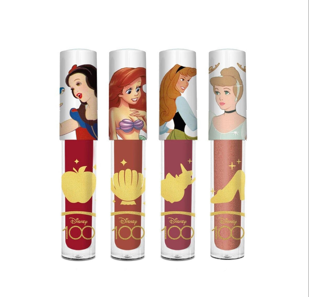 💄👑 "Set Encantado de 4 Labiales Líquidos Mate - Inspirado en las Princesas Disney: Blanca Nieves, Ariel, Aurora y Cenicienta - Colección Edición Limitada Celebrando los 100 Años de Disney" 💖✨